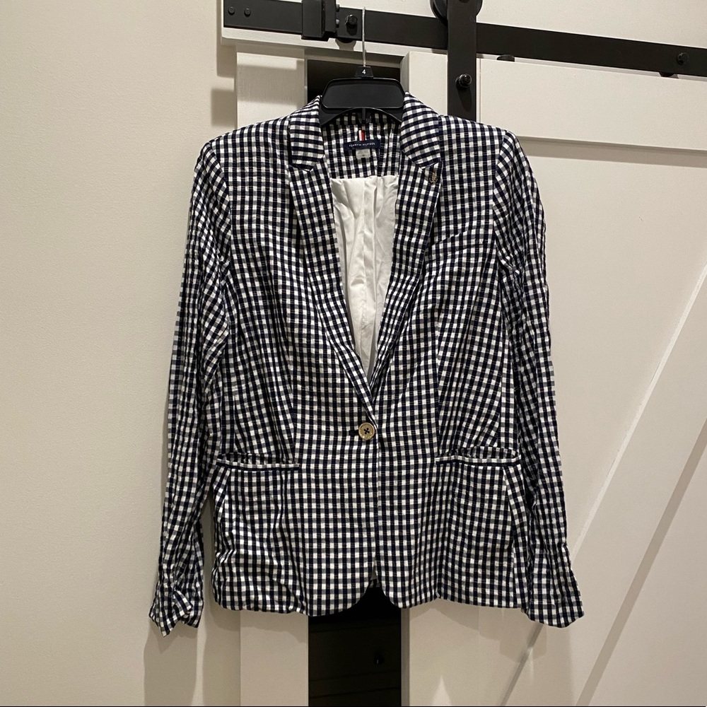 Tommy Hilfiger Navy White Checked Women’s Blazer w Elbow Patches - Size US 10